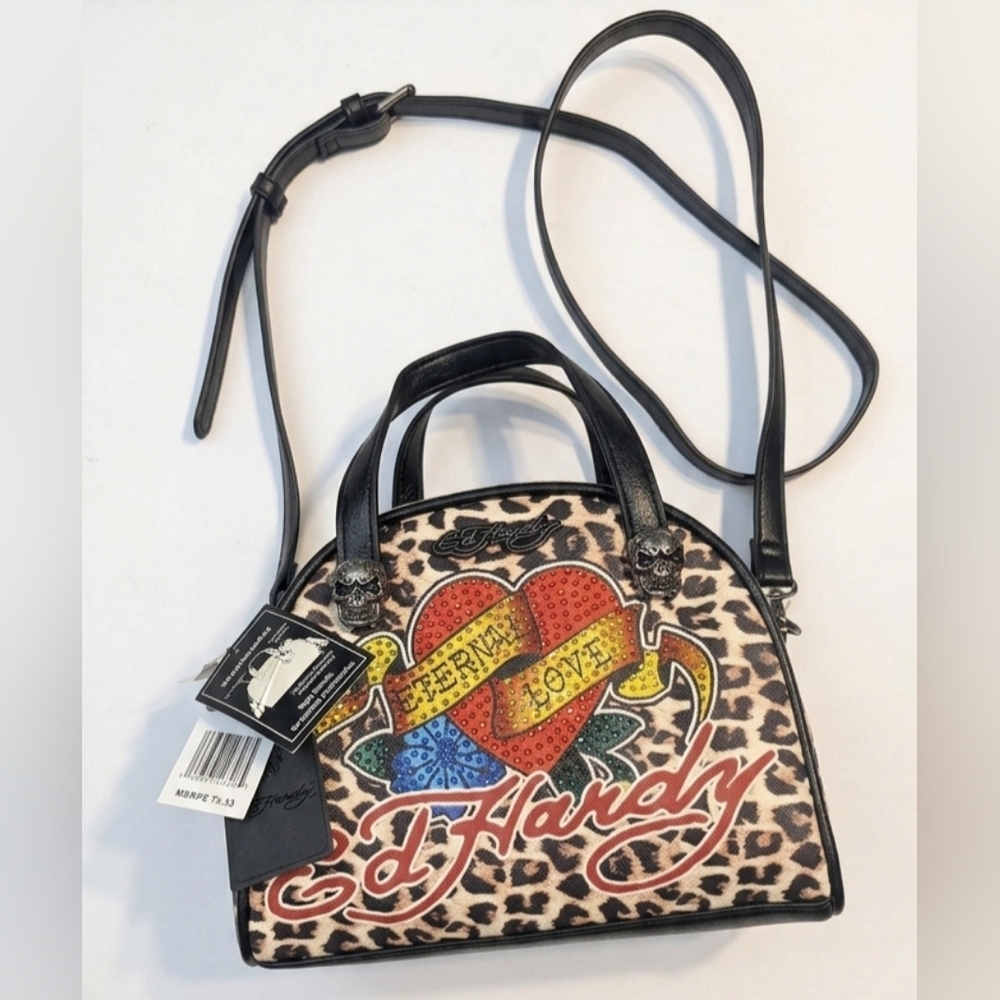 Ed Hardy Tattoo Cheetah Print Handbag Eternal Love Bag Vegan Material Skulls NWT - Picture 3 of 15